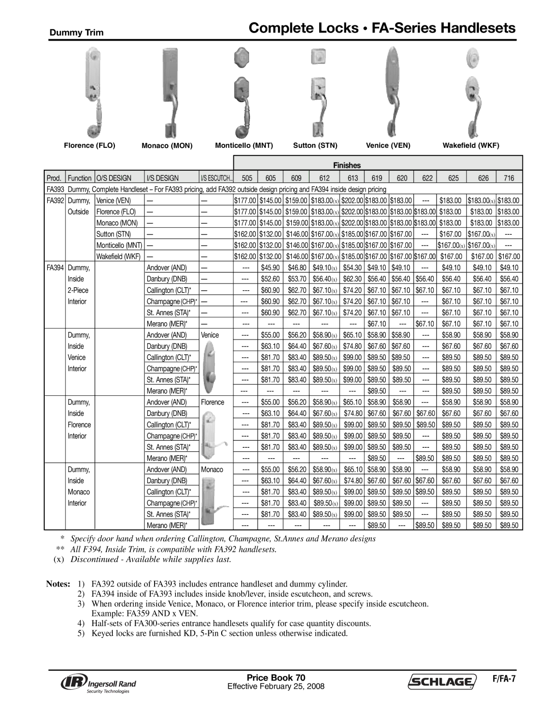 Schlage 70A manual Complete Locks FA-Series Handlesets, 622 625 626 