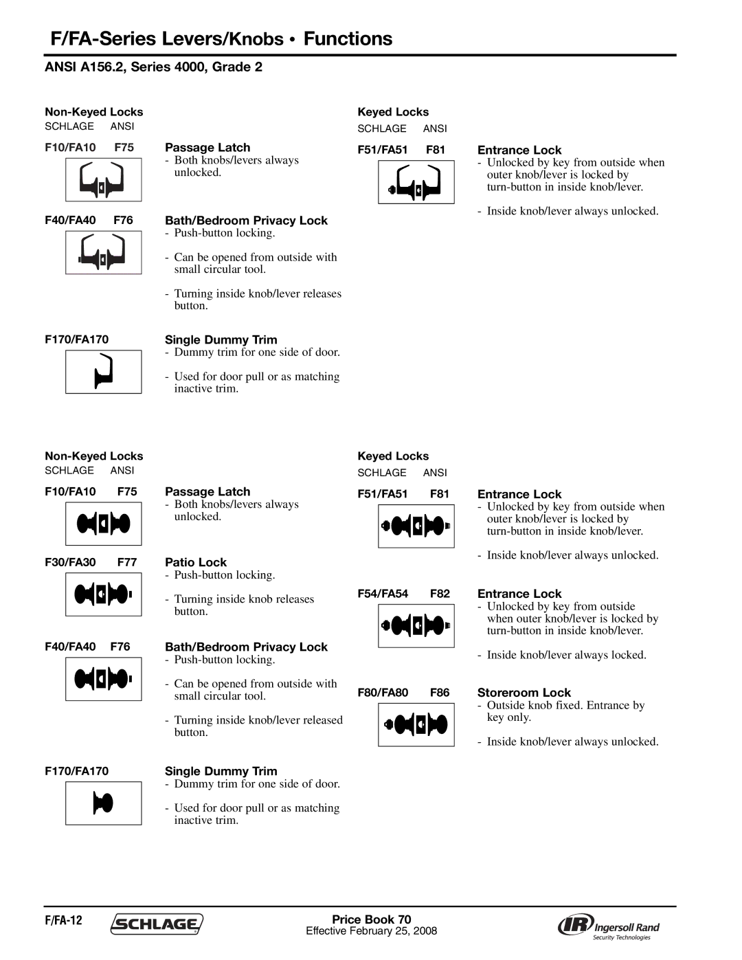 Schlage 70A manual FA-Series Levers/Knobs Functions, FA-12 Price Book 