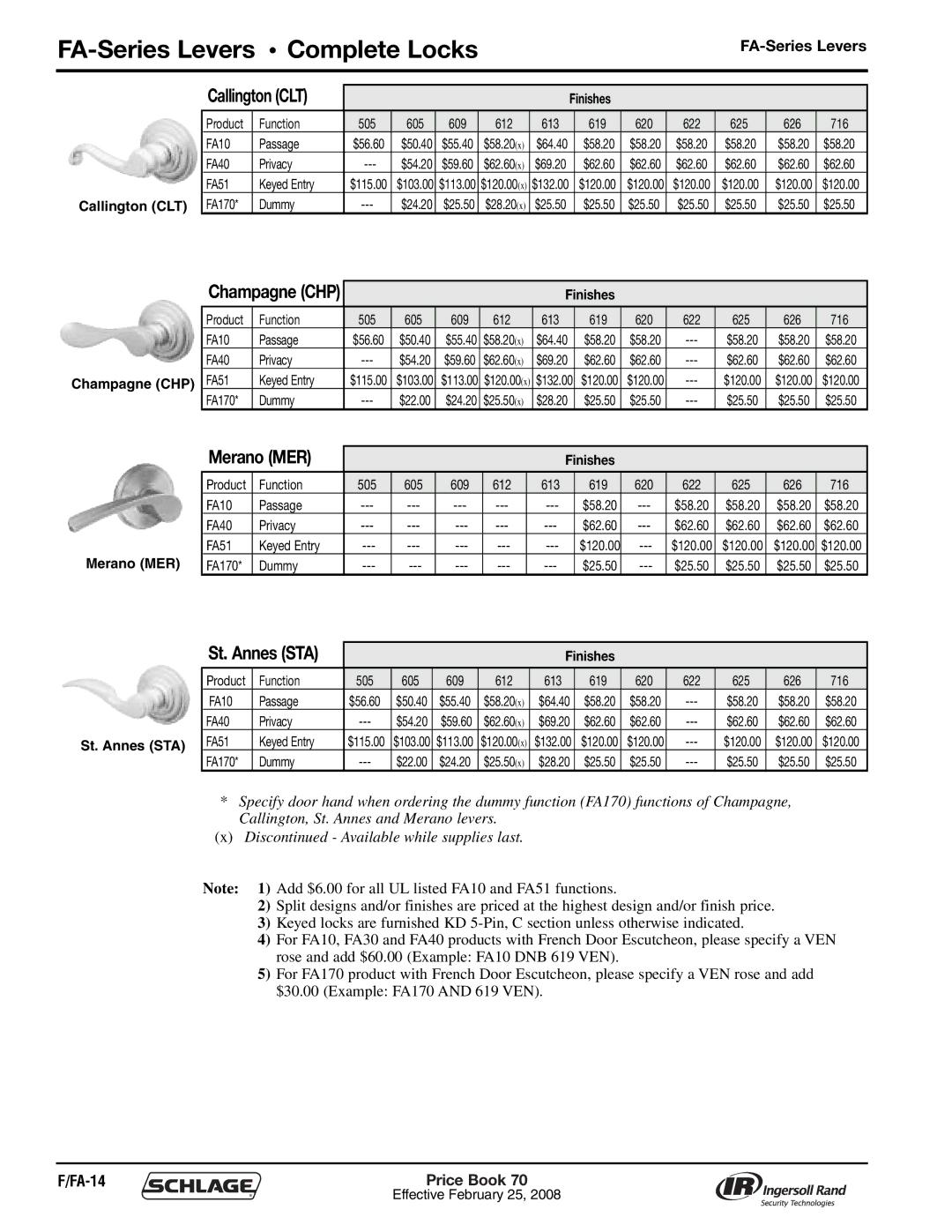 Schlage 70A manual FA-Series Levers Complete Locks, Callington CLT, St. Annes STA, FA-14 Price Book 