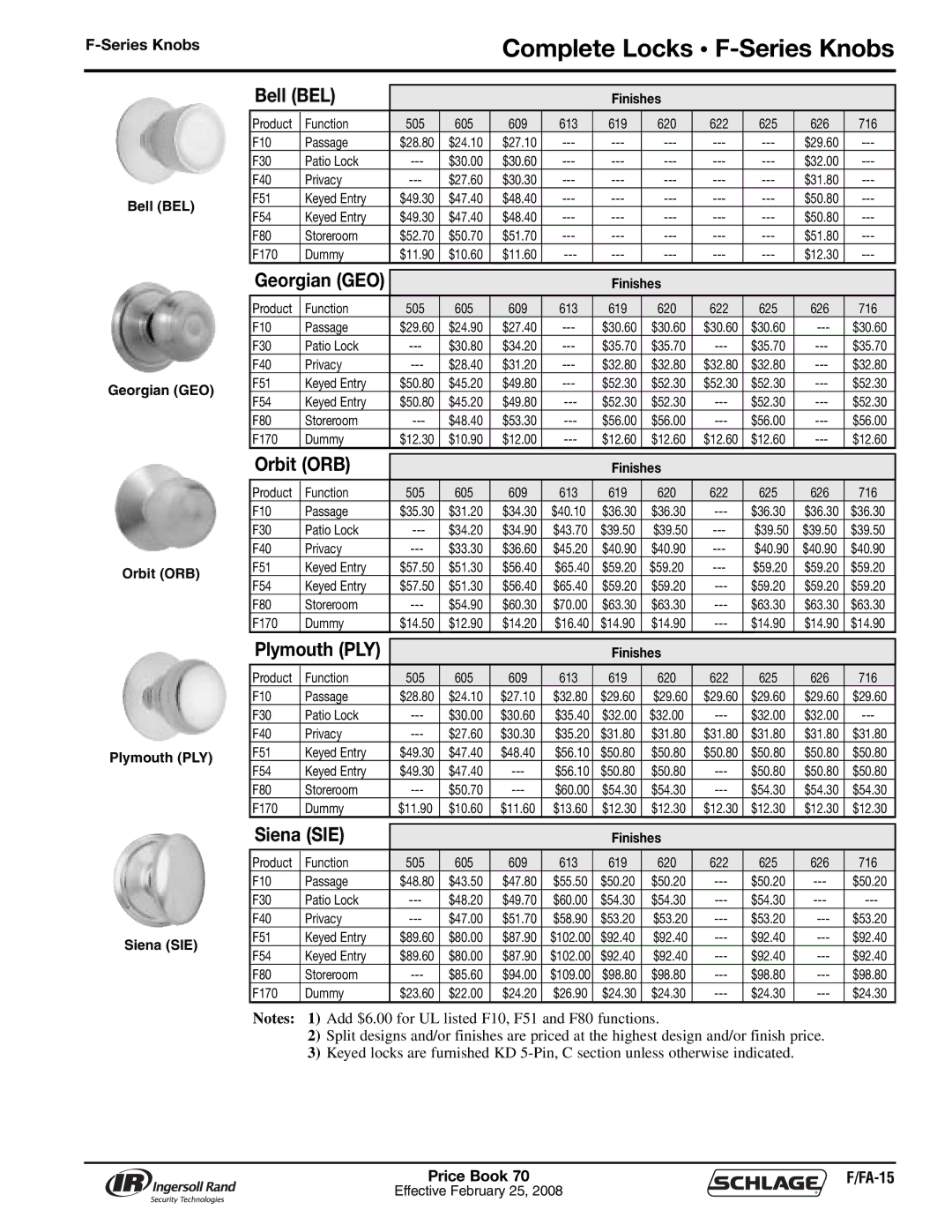 Schlage 70A manual Complete Locks F-Series Knobs, Georgian GEO 