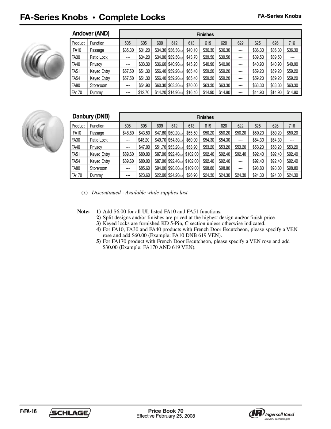 Schlage 70A manual FA-Series Knobs Complete Locks, Danbury DNB, FA-16 Price Book 