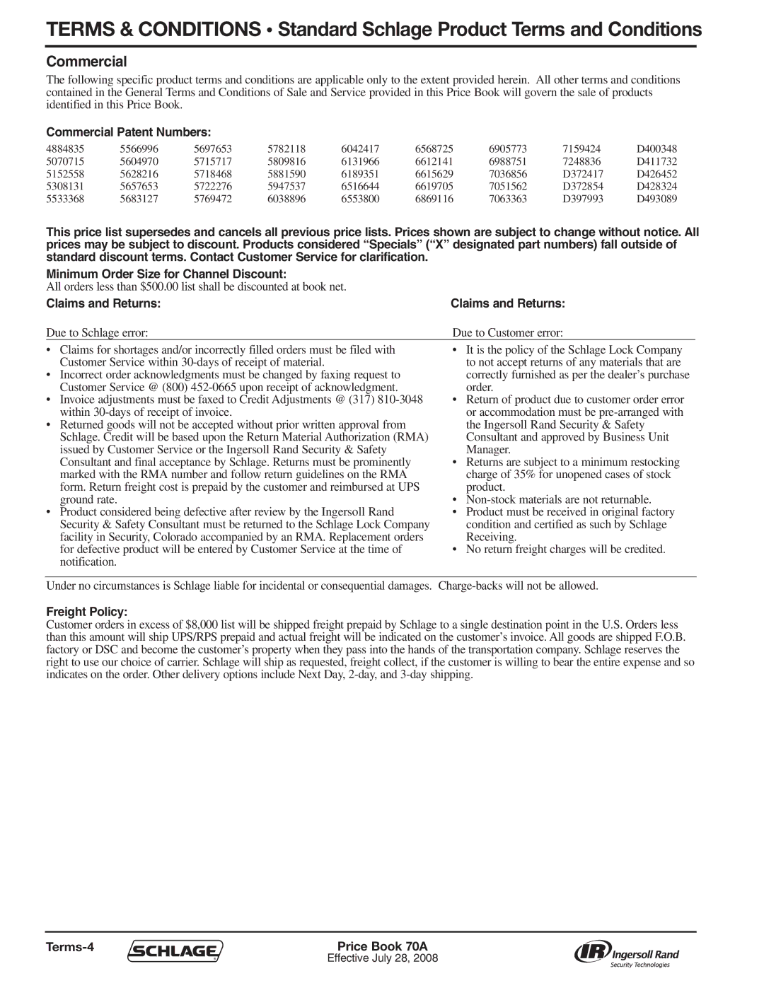 Schlage manual Commercial Patent Numbers, Claims and Returns, Freight Policy, Terms-4 Price Book 70A 