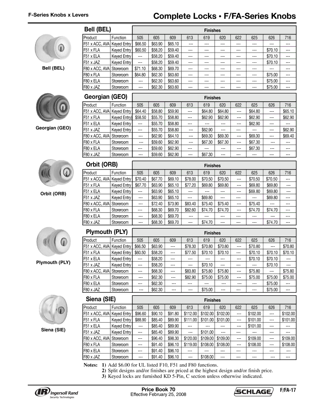 Schlage 70A manual Complete Locks F/FA-Series Knobs, Series Knobs x Levers 