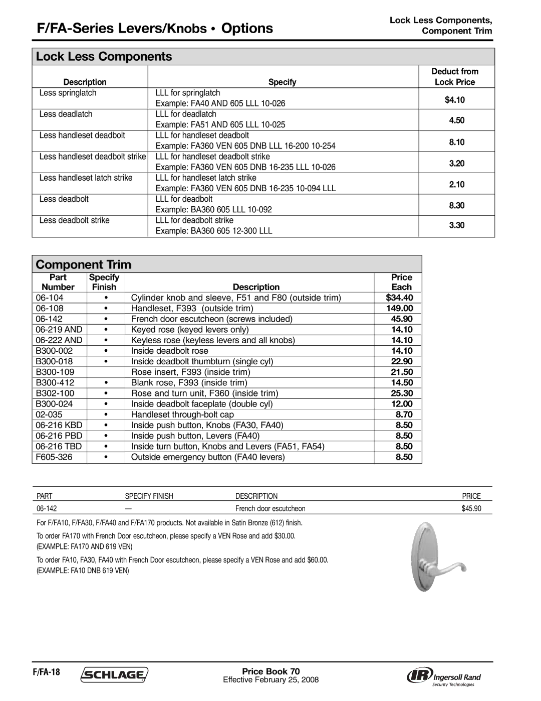 Schlage 70A manual FA-Series Levers/Knobs Options, Lock Less Components, Component Trim, FA-18 Price Book 