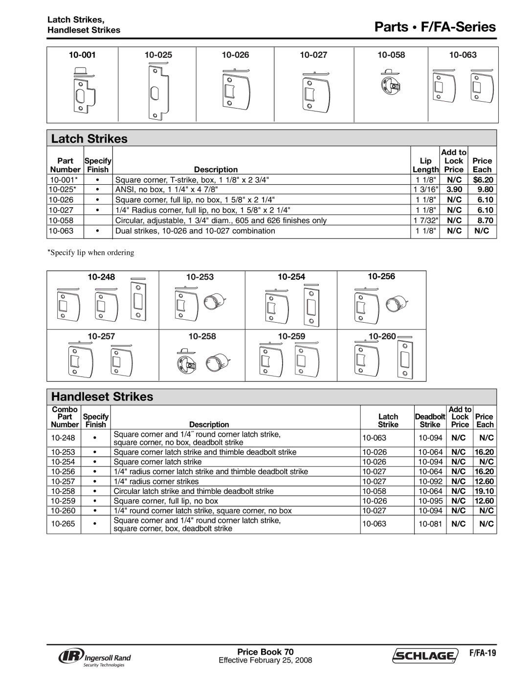 Schlage 70A manual Parts F/FA-Series, Latch Strikes, Handleset Strikes 