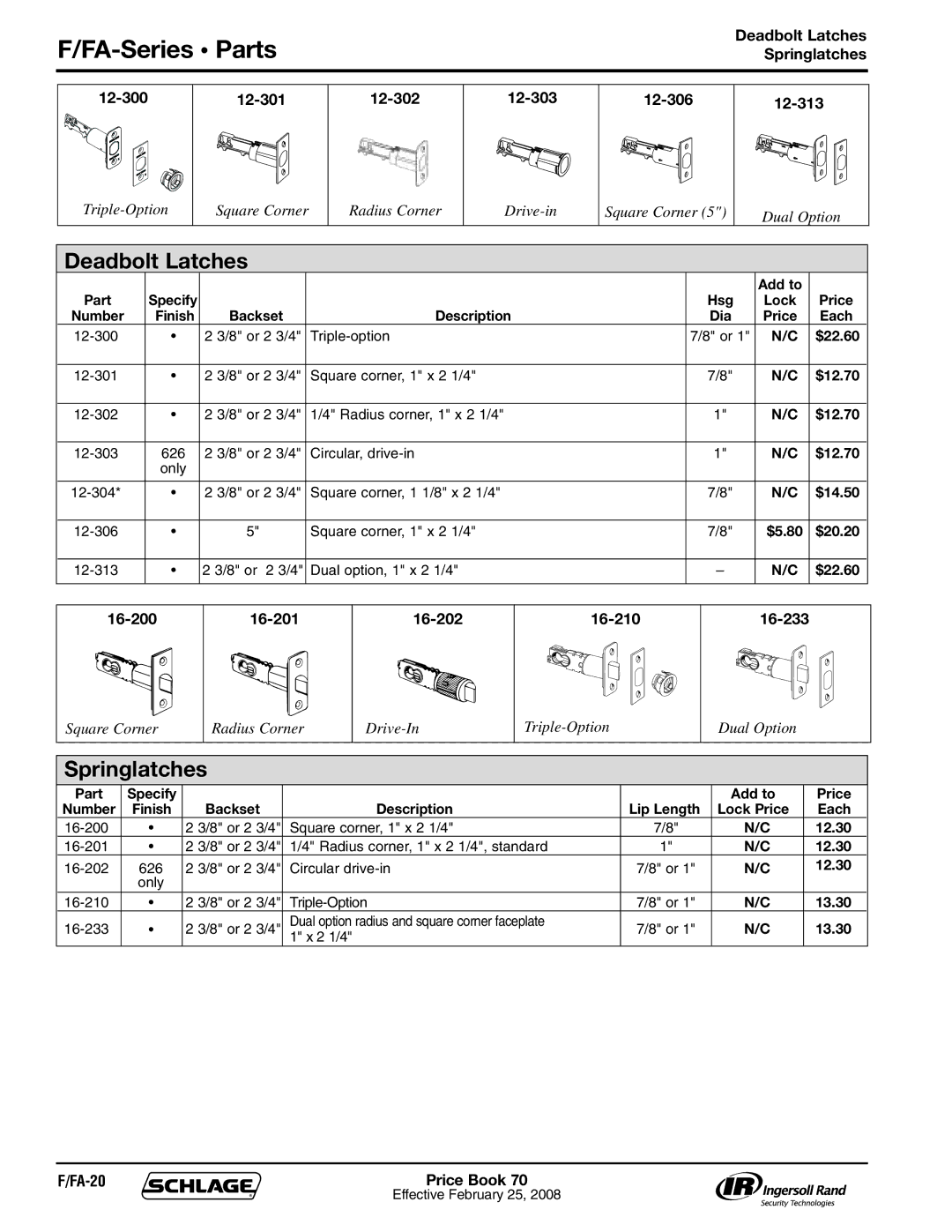 Schlage 70A manual FA-Series Parts, Springlatches, FA-20 Price Book 