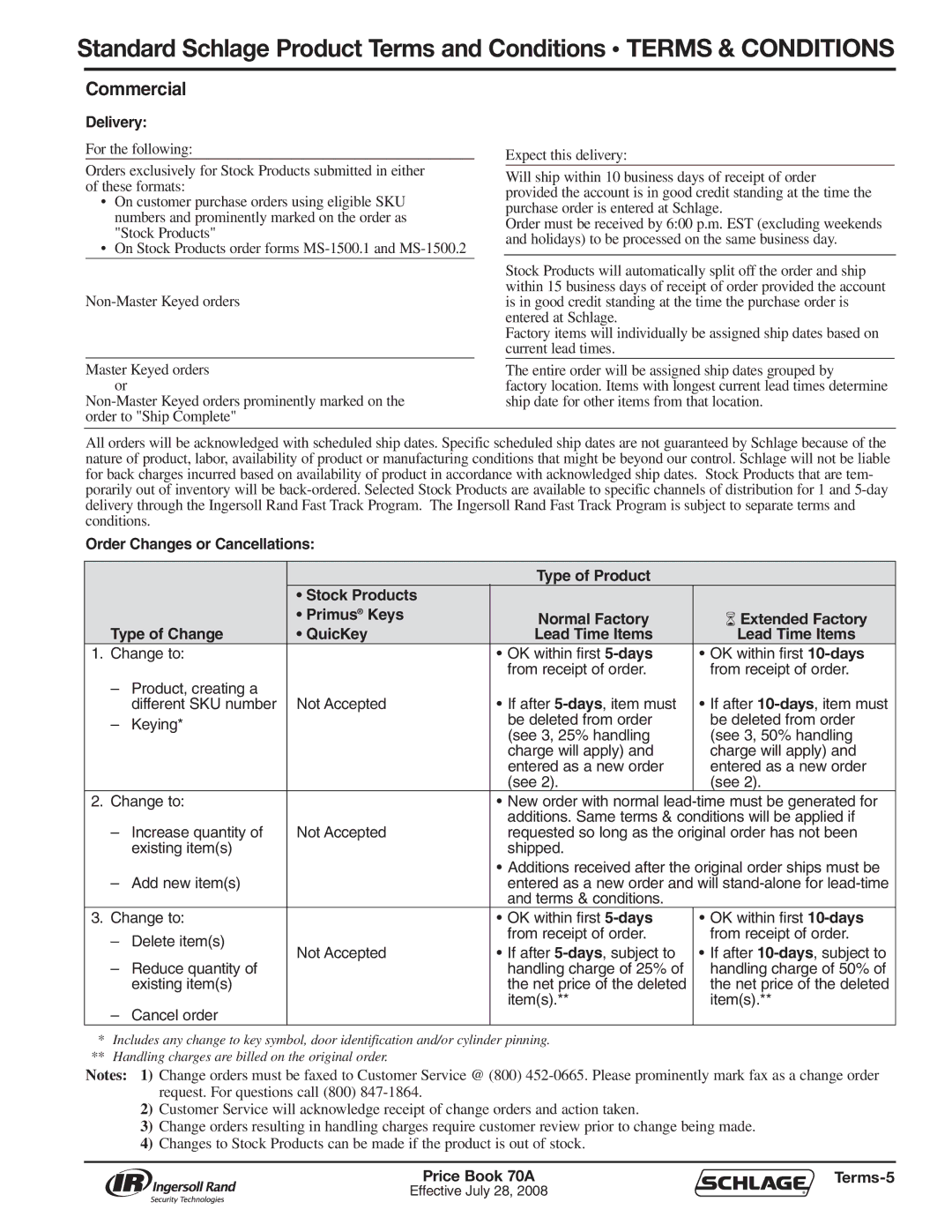 Schlage manual Delivery, Price Book 70A Terms-5 