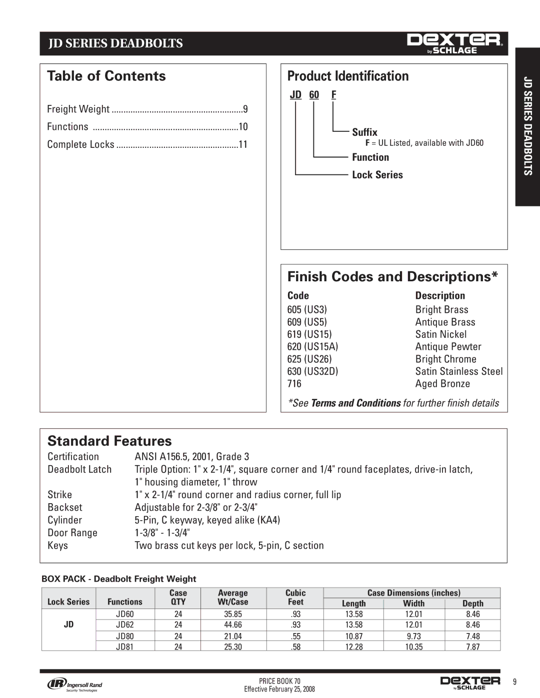 Schlage 70A manual Table of Contents, Product Identification, Finish Codes and Descriptions, Standard Features 