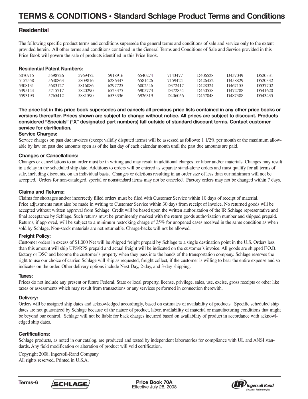 Schlage 70A manual Residential Patent Numbers 