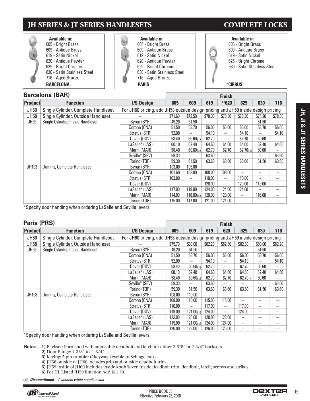 Schlage 70A manual JH Series & JT Series Handlesets, Function Design 605 609 619 620 625 630 716 