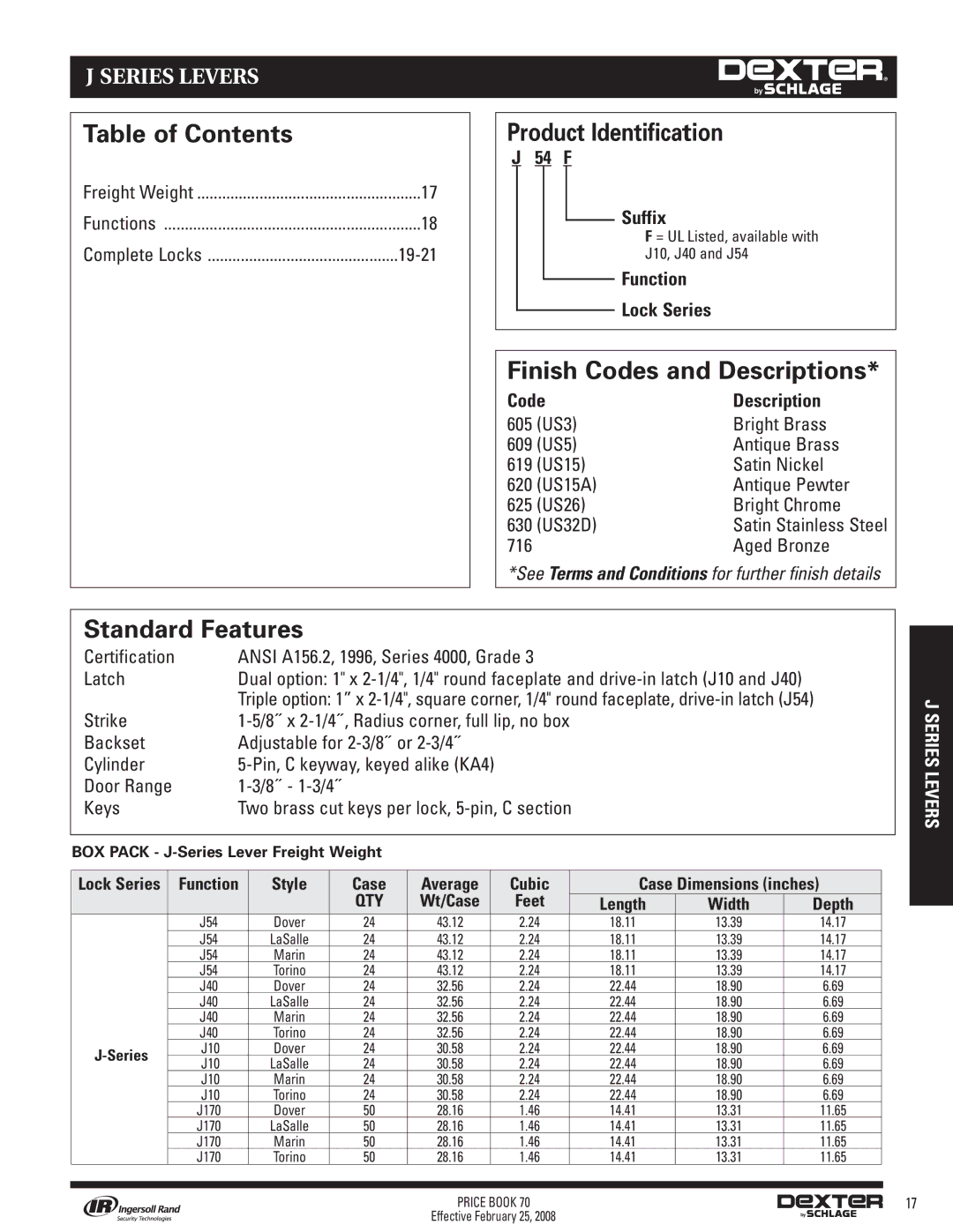 Schlage 70A manual Table of Contents Product Identification, Finish Codes and Descriptions 