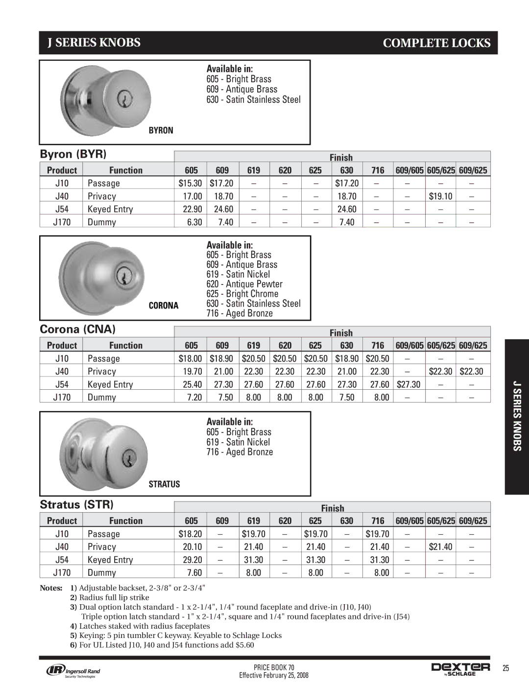 Schlage 70A manual Byron BYR, Corona CNA, Stratus STR 