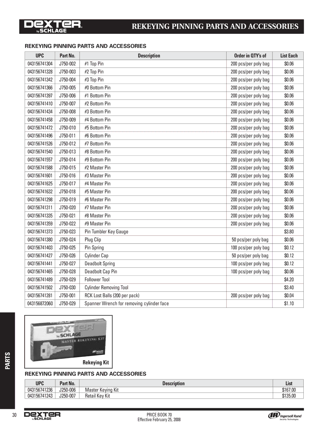 Schlage 70A manual List Each, Description List 