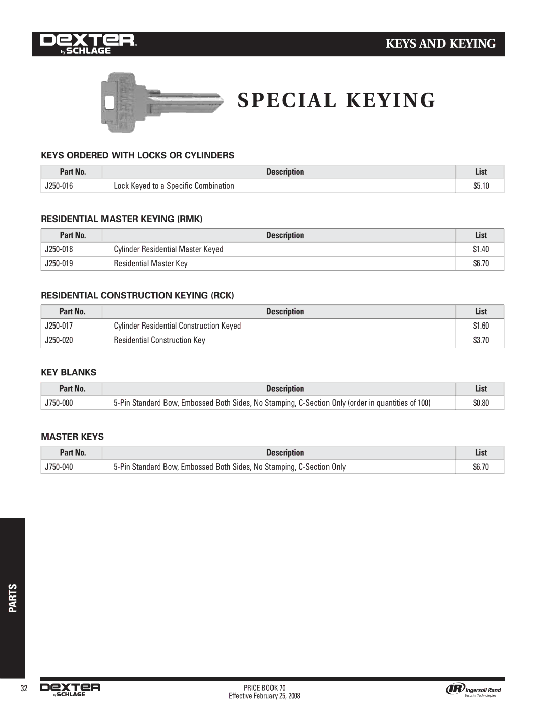 Schlage 70A manual Special Keying 