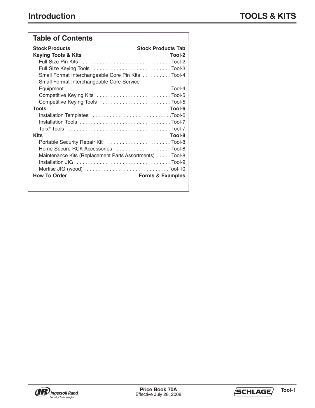 Schlage 70A manual Tools & Kits, Table of Contents 