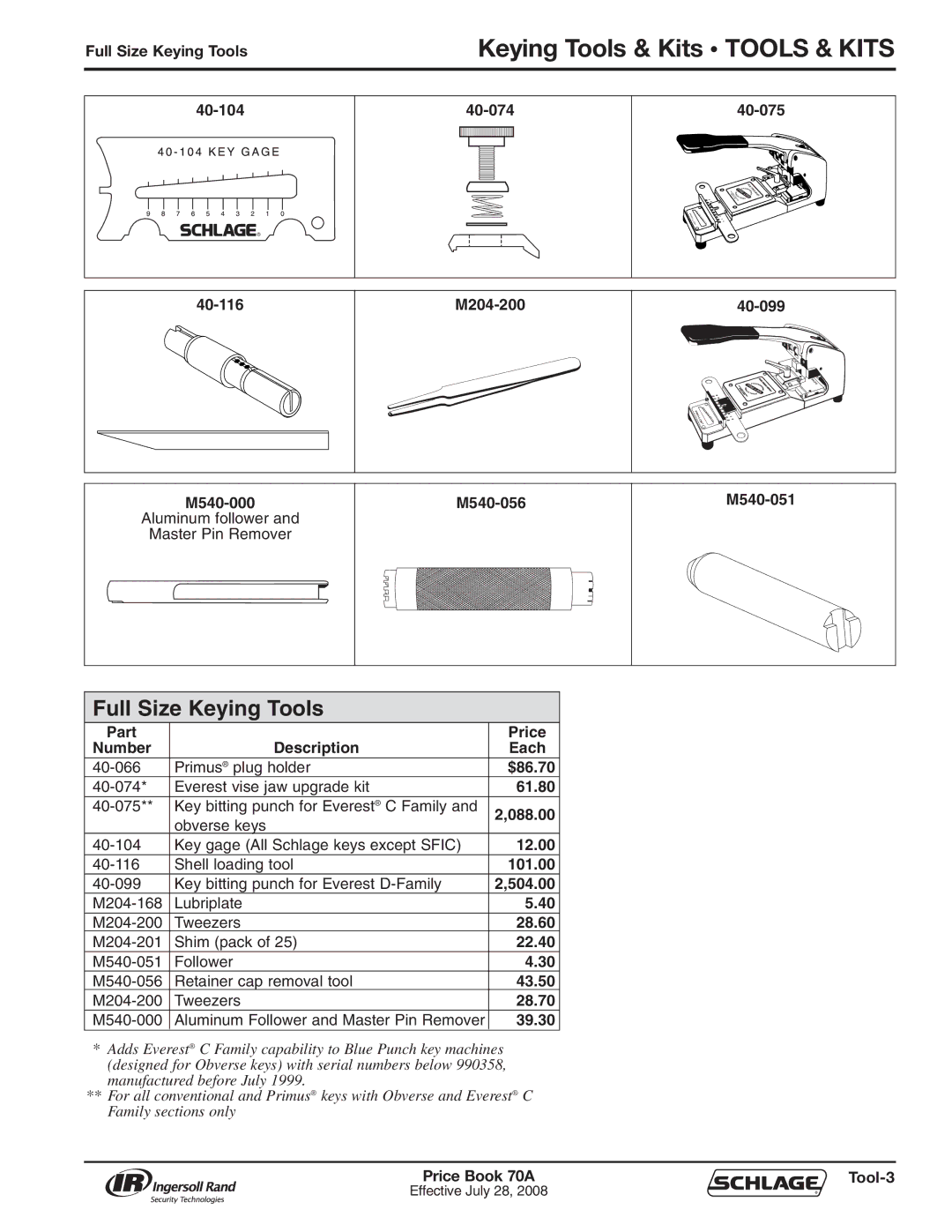 Schlage 70A manual Keying Tools & Kits Tools & Kits, Full Size Keying Tools 