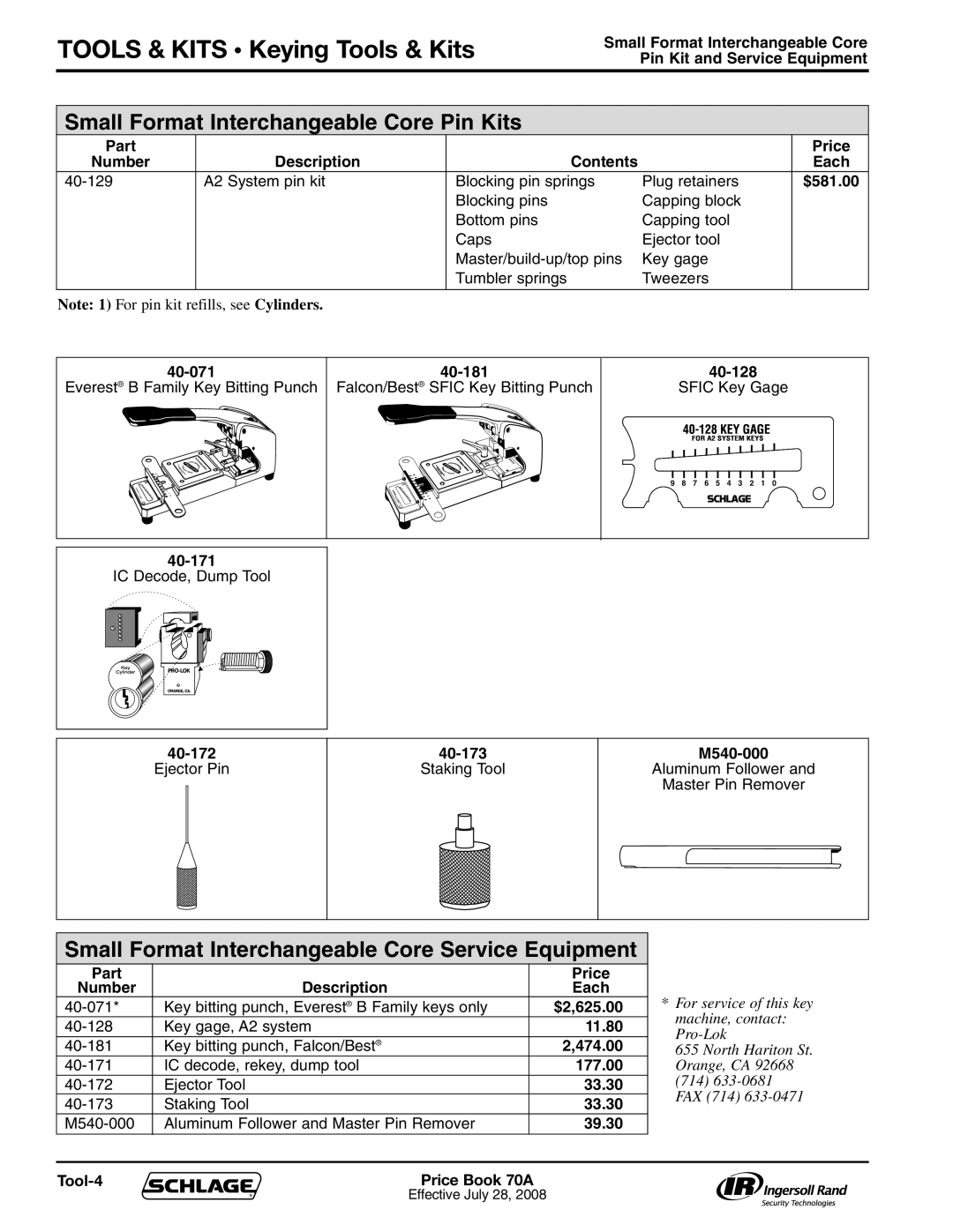 Schlage 70A manual Small Format Interchangeable Core Pin Kits, Small Format Interchangeable Core Service Equipment 