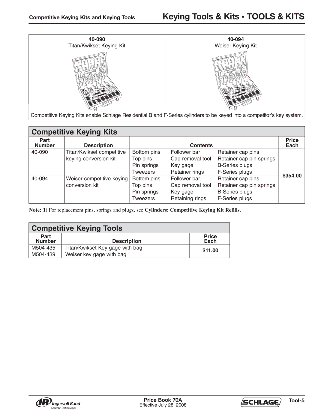 Schlage 70A manual Competitive Keying Tools, Competitive Keying Kits and Keying Tools, $354.00 
