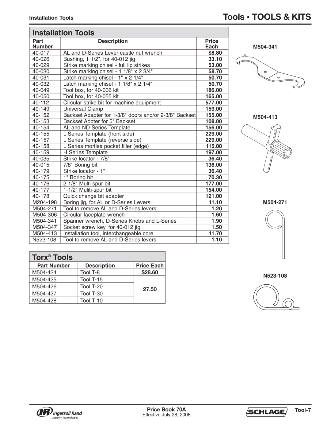 Schlage 70A manual Tools Tools & Kits, Installation Tools, Torx Tools 