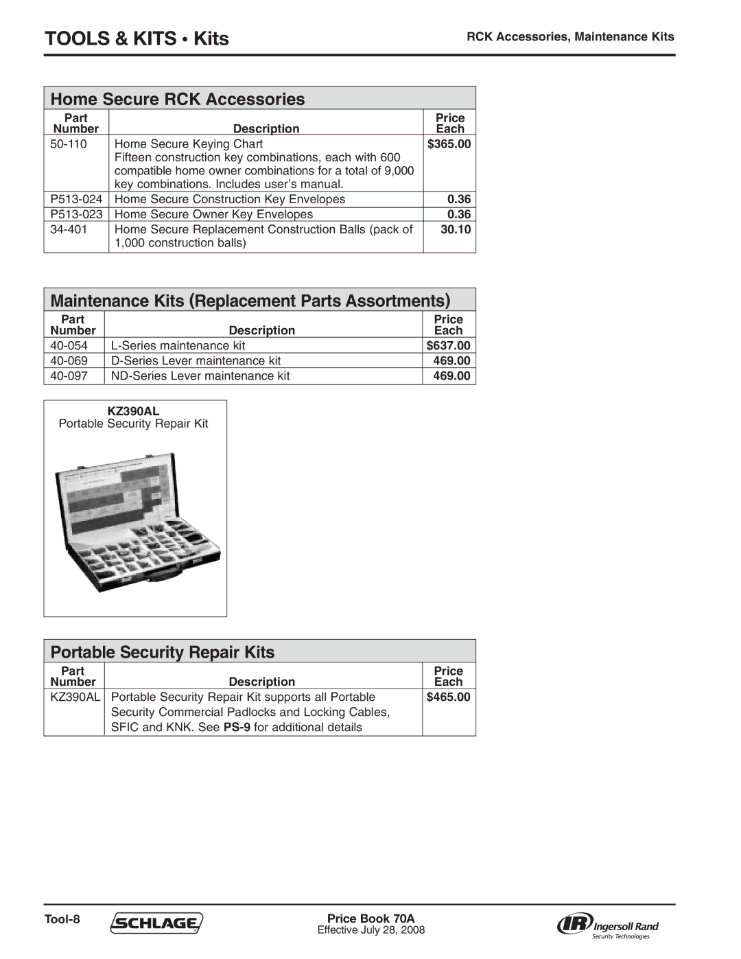 Schlage 70A manual Tools & Kits Kits, Home Secure RCK Accessories, Maintenance Kits Replacement Parts Assortments 