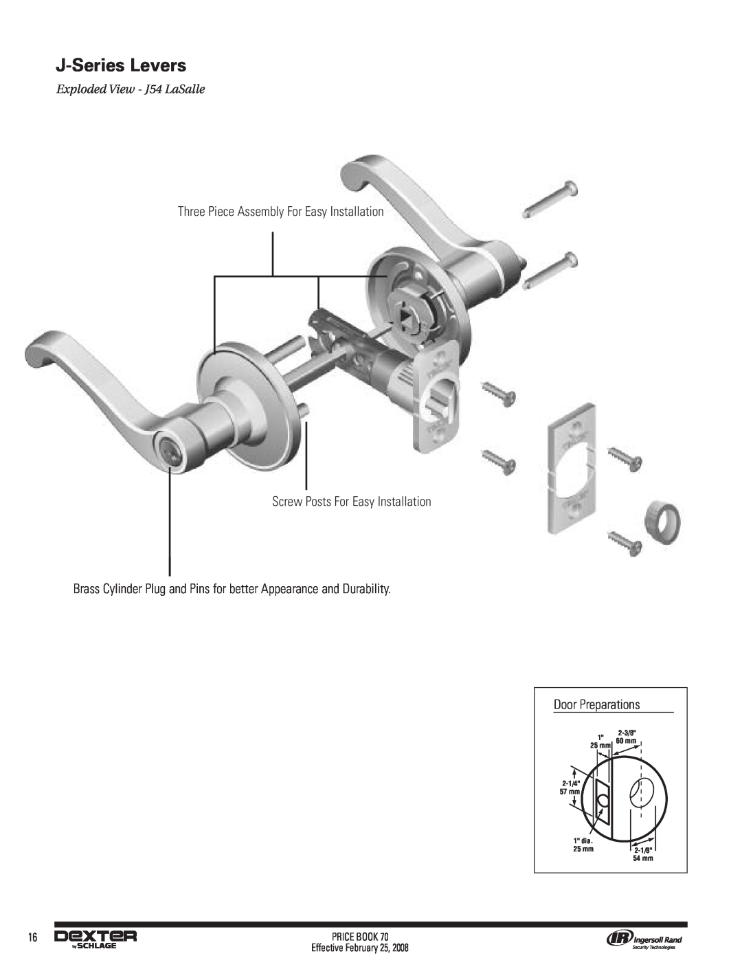 Schlage 70A manual J-SeriesLevers, Exploded View - J54 LaSalle, Door Preparations, 2-3/8, 60 mm, 2-1/4, 57 mm, 1 dia, 25 mm 