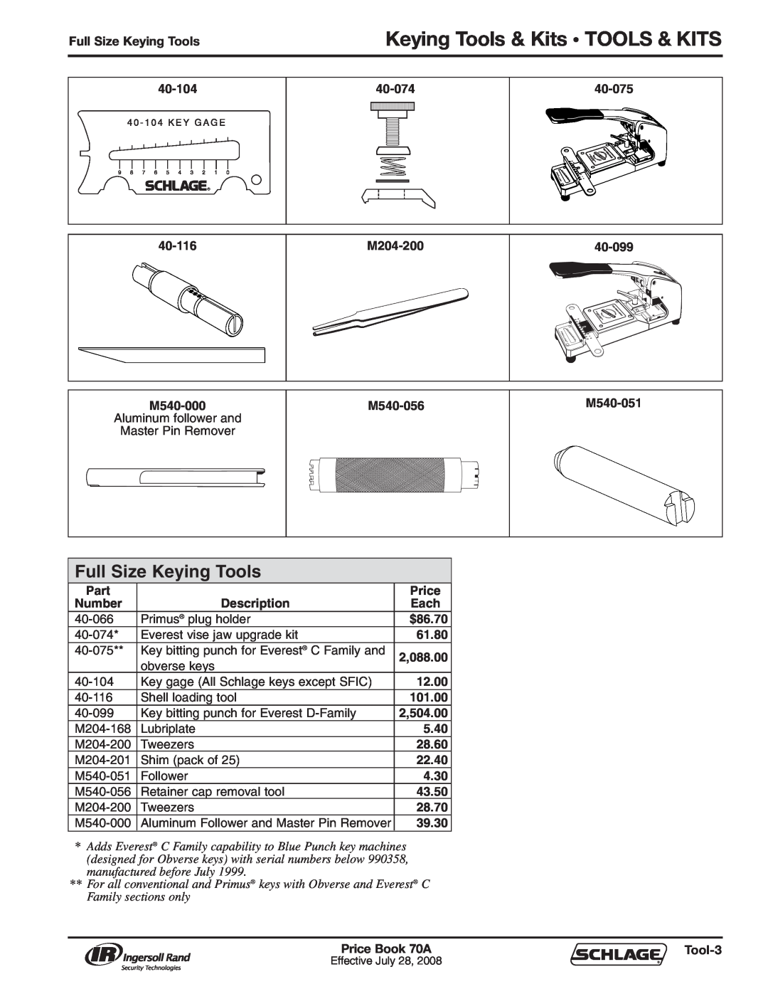 Schlage 70A manual Keying Tools & Kits • TOOLS & KITS, Full Size Keying Tools 