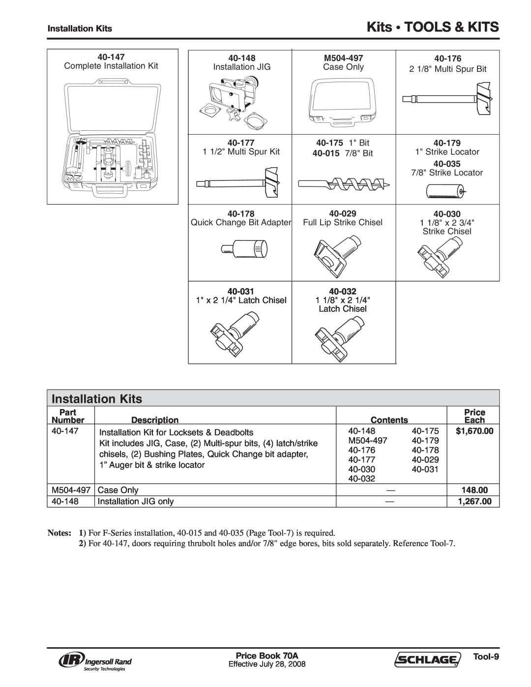 Schlage 70A manual Kits • TOOLS & KITS, Installation Kits 