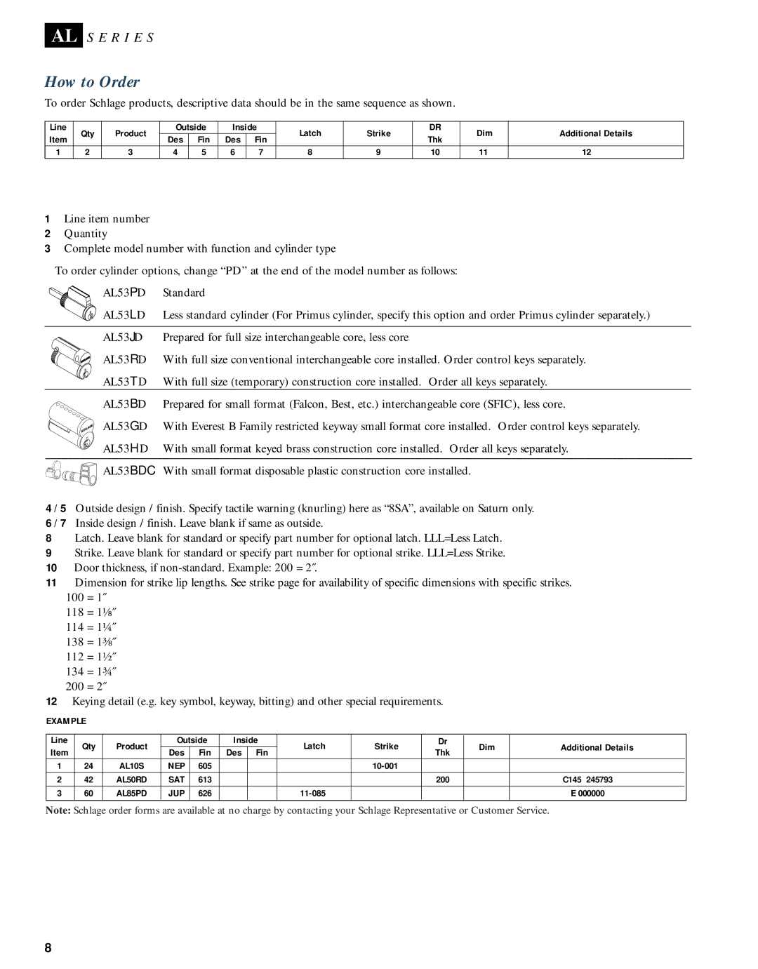 Schlage AL-SERIES manual How to Order, 605 10-001, 613, 626 11-085 