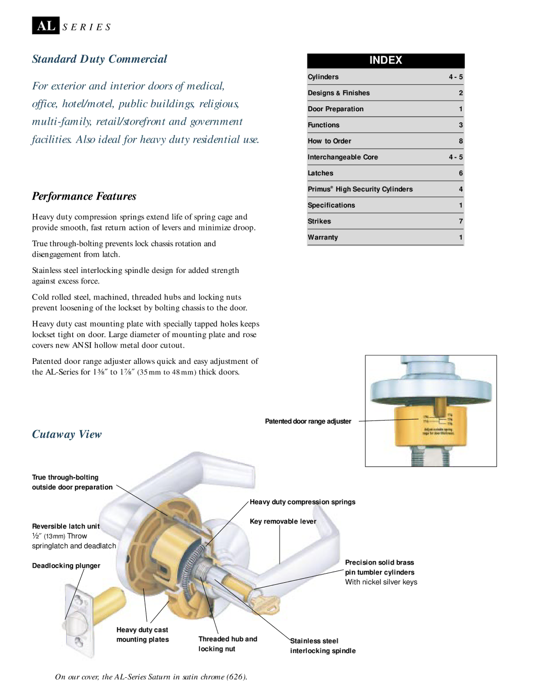 Schlage AL-SERIES manual Standard Duty Commercial, Cutaway View, Heavy duty compression springs Key removable lever 