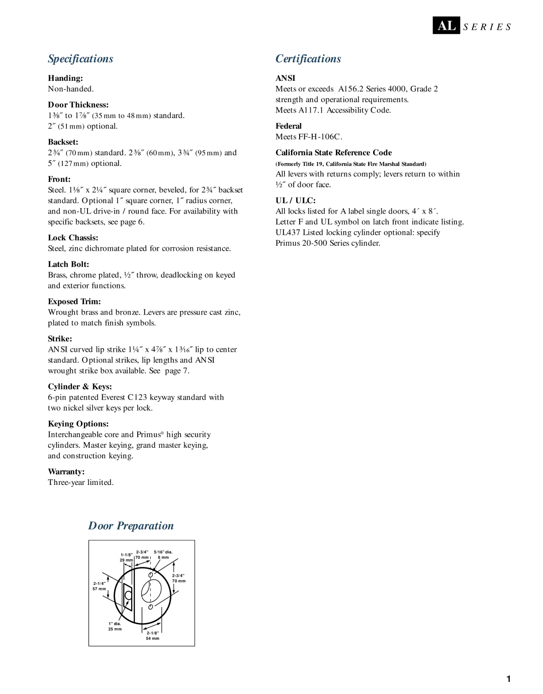 Schlage AL-SERIES manual Specifications, Door Preparation, Certifications 