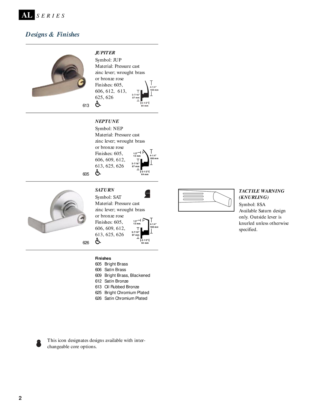 Schlage AL-SERIES manual Designs & Finishes 