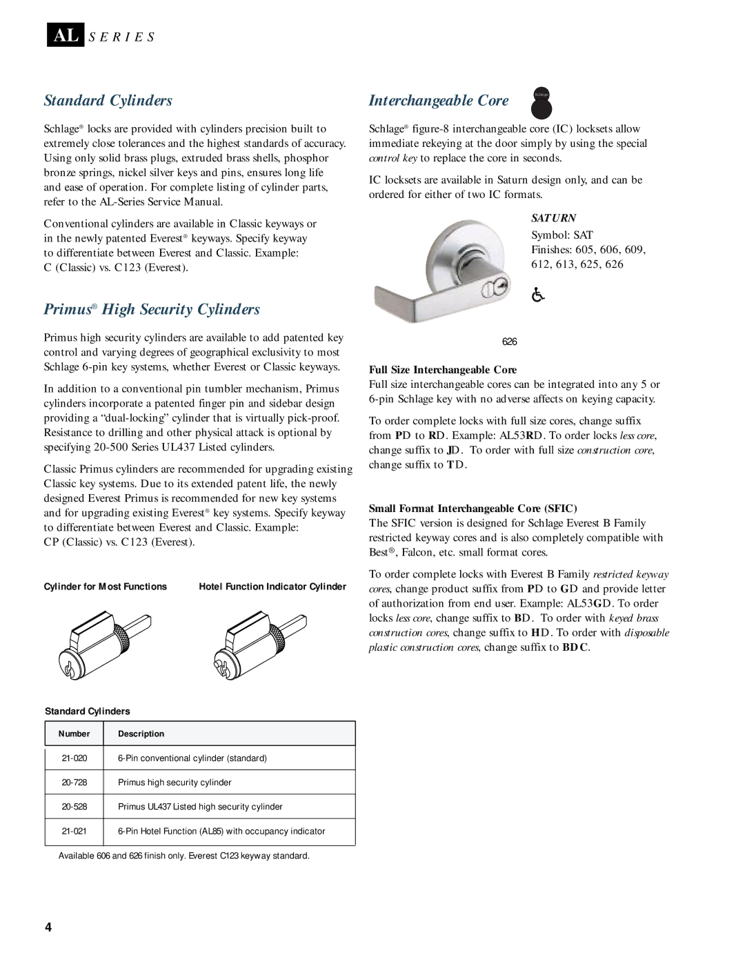 Schlage AL-SERIES Standard Cylinders Interchangeable Core, Primus High Security Cylinders, Full Size Interchangeable Core 