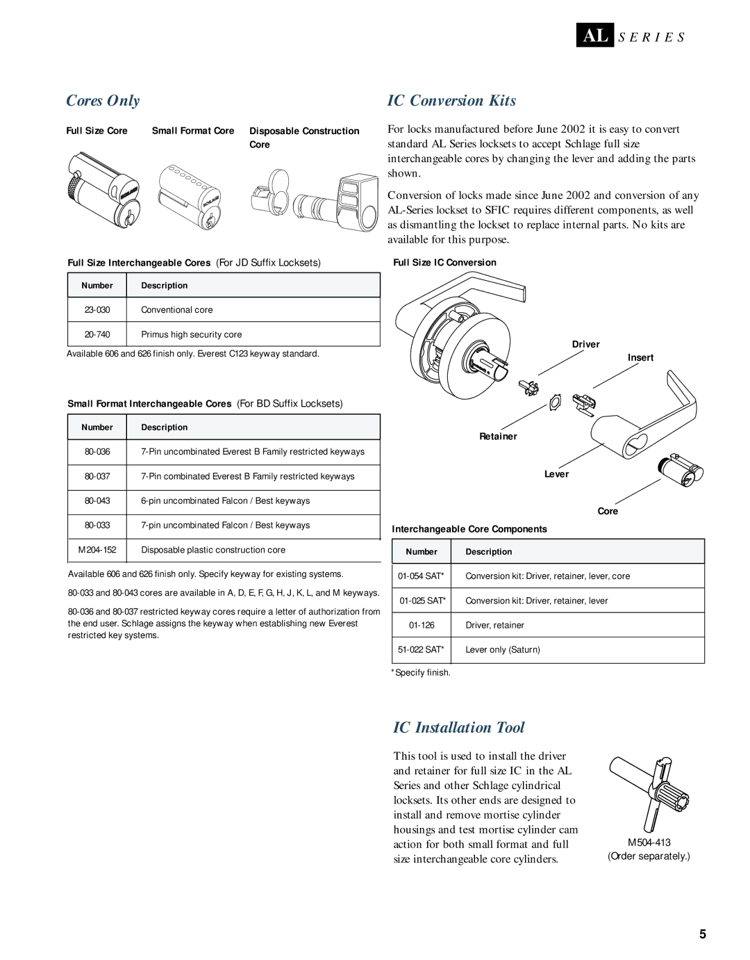 Schlage AL-SERIES manual Cores Only, IC Conversion Kits, IC Installation Tool 