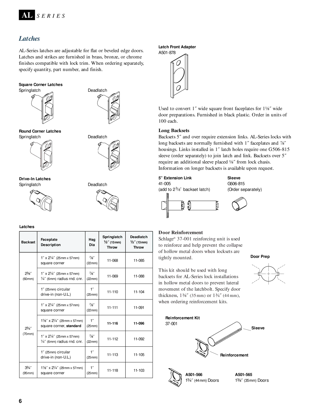 Schlage AL-SERIES manual Latches, Long Backsets, Door Reinforcement 