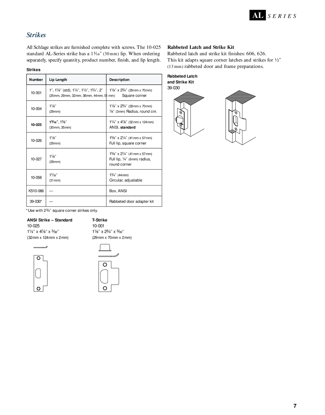 Schlage AL-SERIES manual Strikes, Rabbeted Latch and Strike Kit, Ansi Strike Standard, Rabbeted Latch Strike Kit 