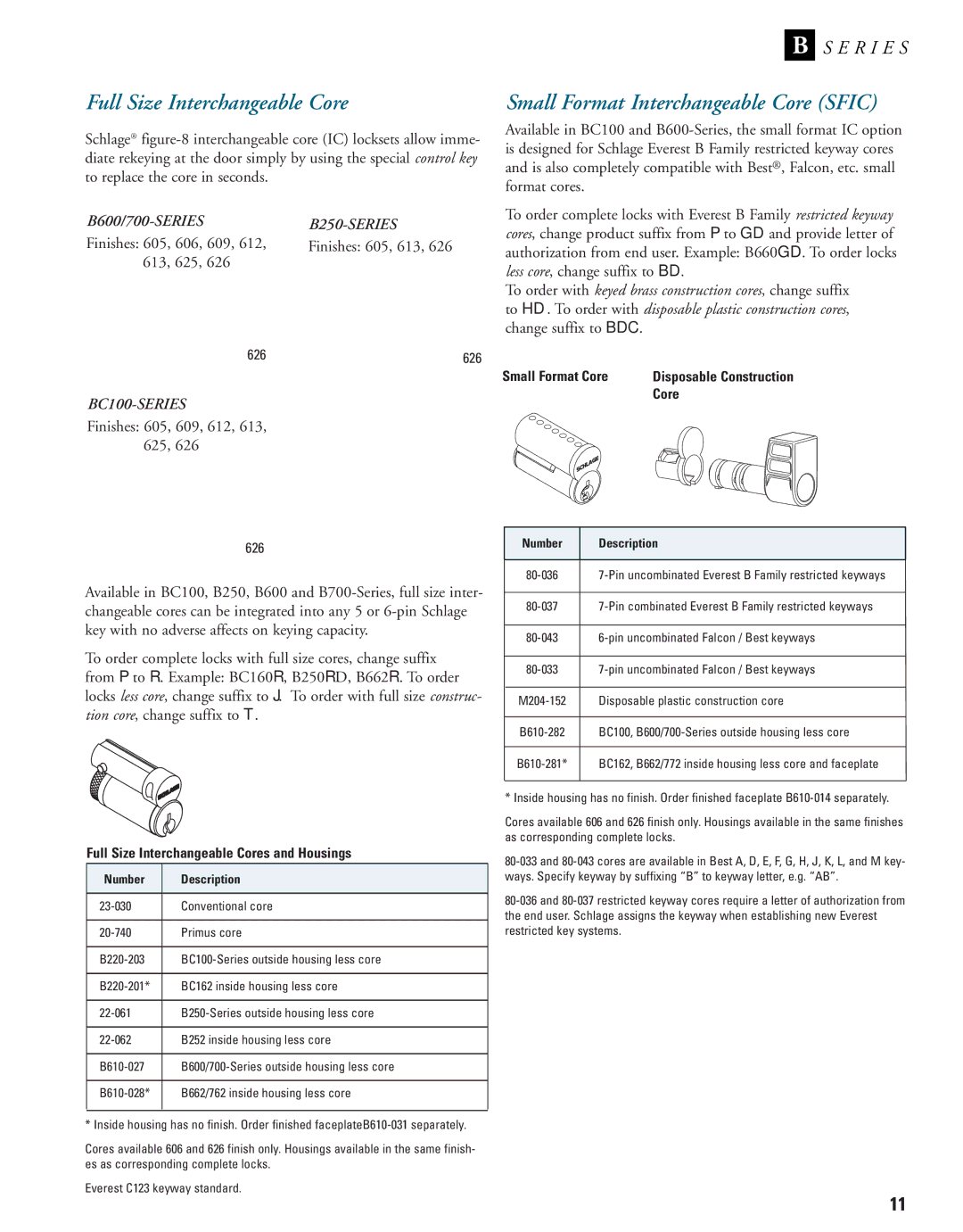 Schlage B-Series manual Full Size Interchangeable Core, Small Format Interchangeable Core Sfic, Small Format Core 