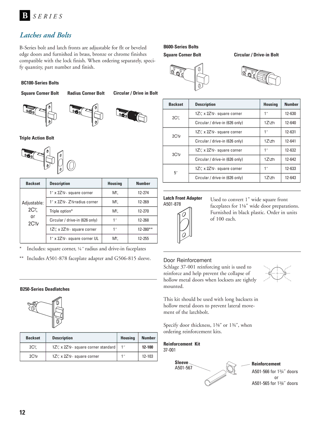 Schlage B-Series manual Latches and Bolts 