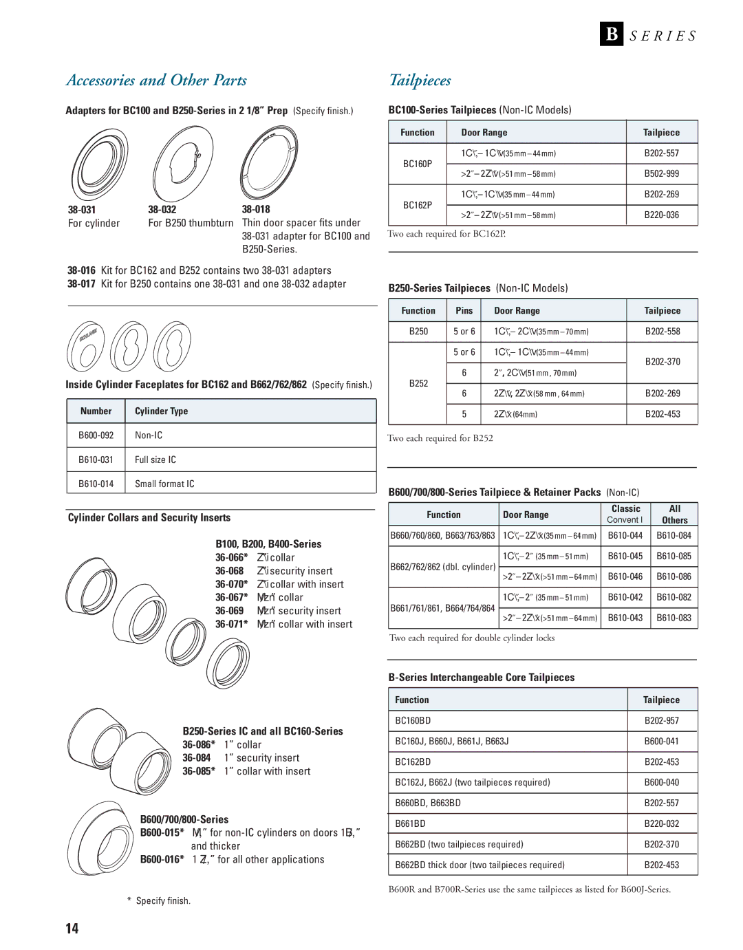 Schlage B-Series Accessories and Other Parts, 38-031 38-032 38-018 For cylinder, Cylinder Collars and Security Inserts 