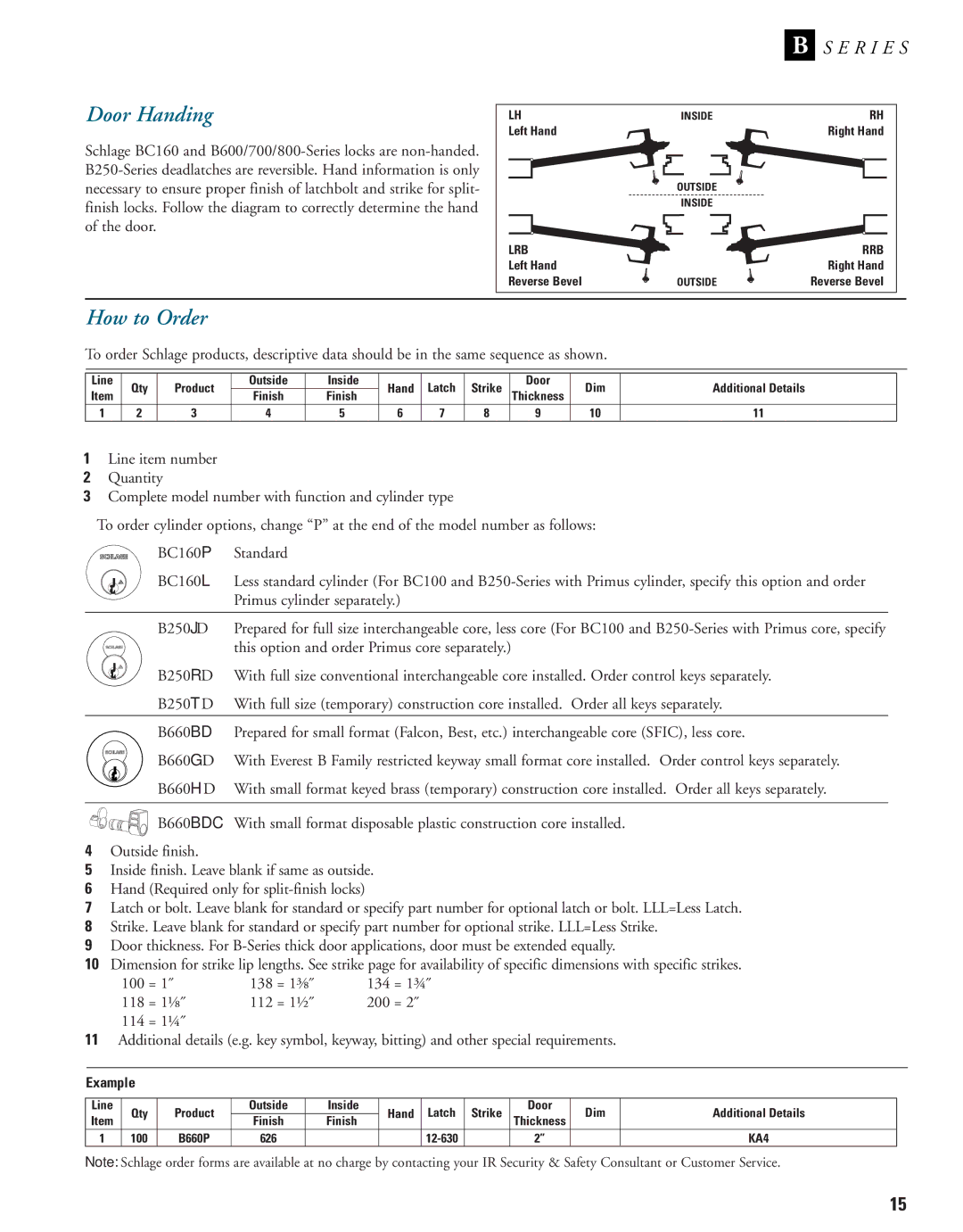 Schlage B-Series manual Door Handing, How to Order, Example 