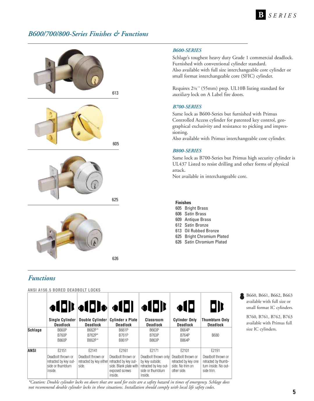 Schlage B-Series manual B600/700/800-Series Finishes & Functions 