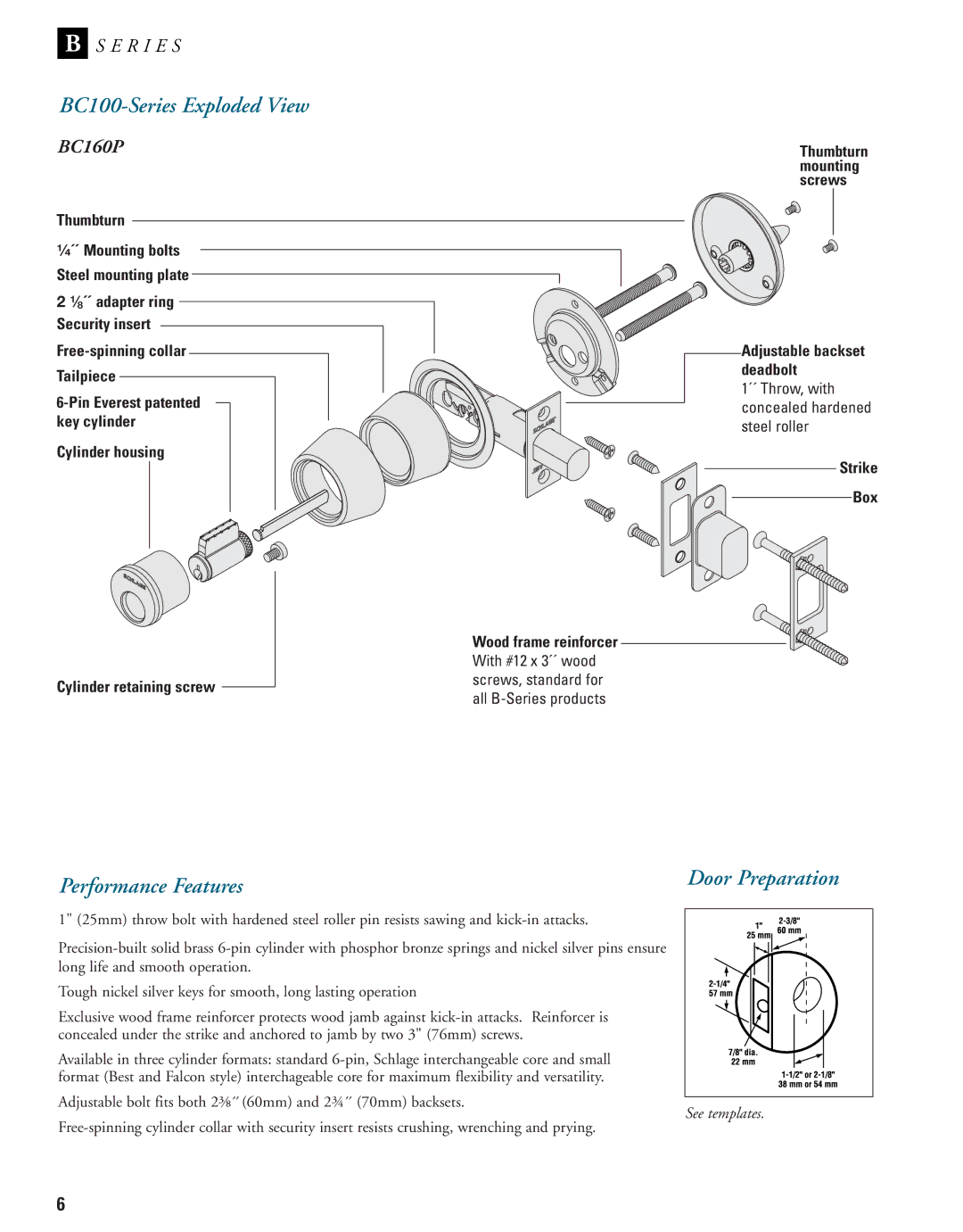 Schlage B-Series manual BC100-Series Exploded View, Door Preparation, Pin Everest patented key cylinder 