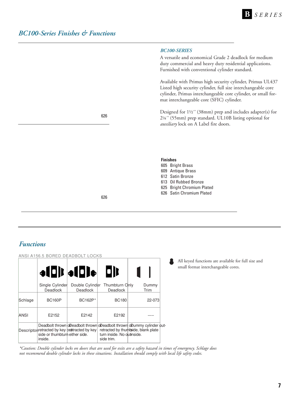 Schlage B-Series manual BC100-Series Finishes & Functions, BC100-SERIES 