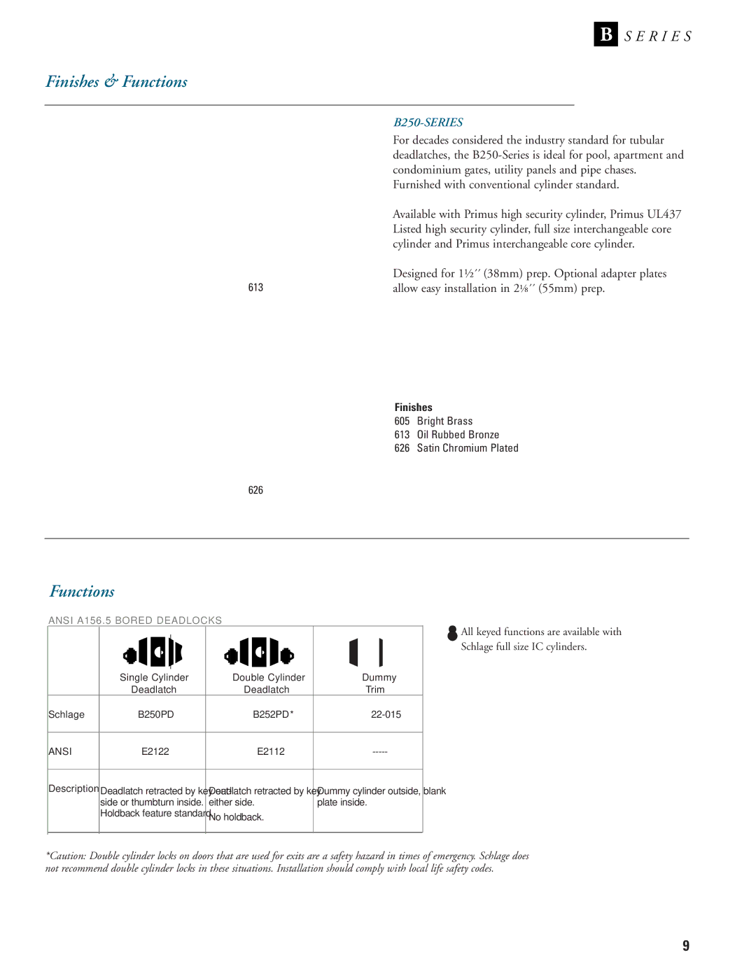 Schlage B-Series manual Finishes & Functions, B250-SERIES 