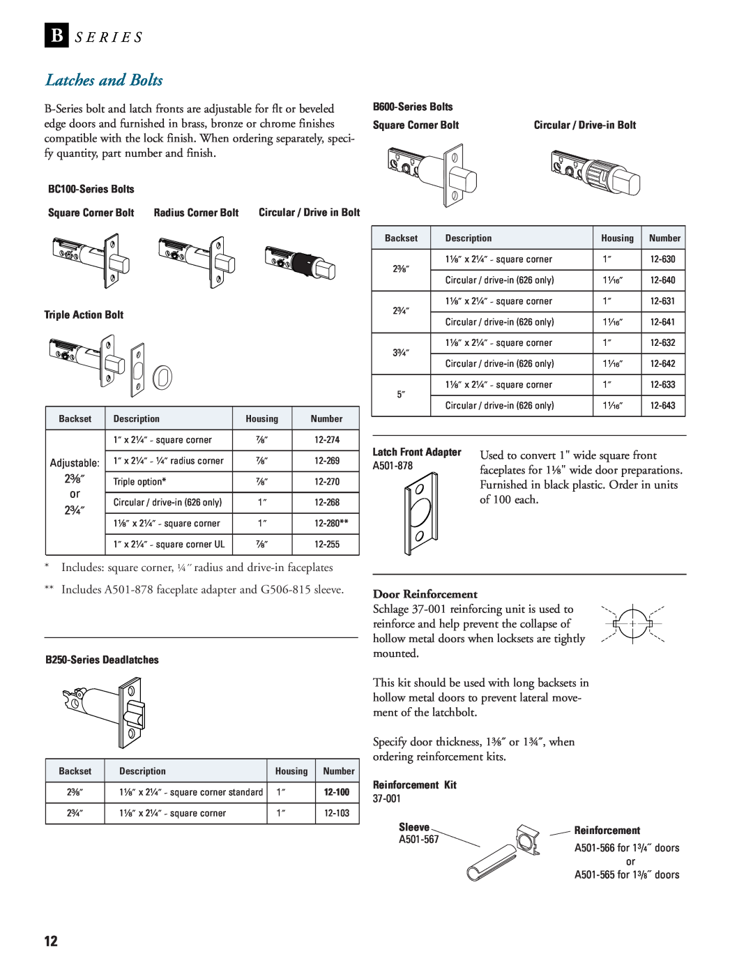 Schlage B-Series manual Latches and Bolts, B S E R I E S, Door Reinforcement 