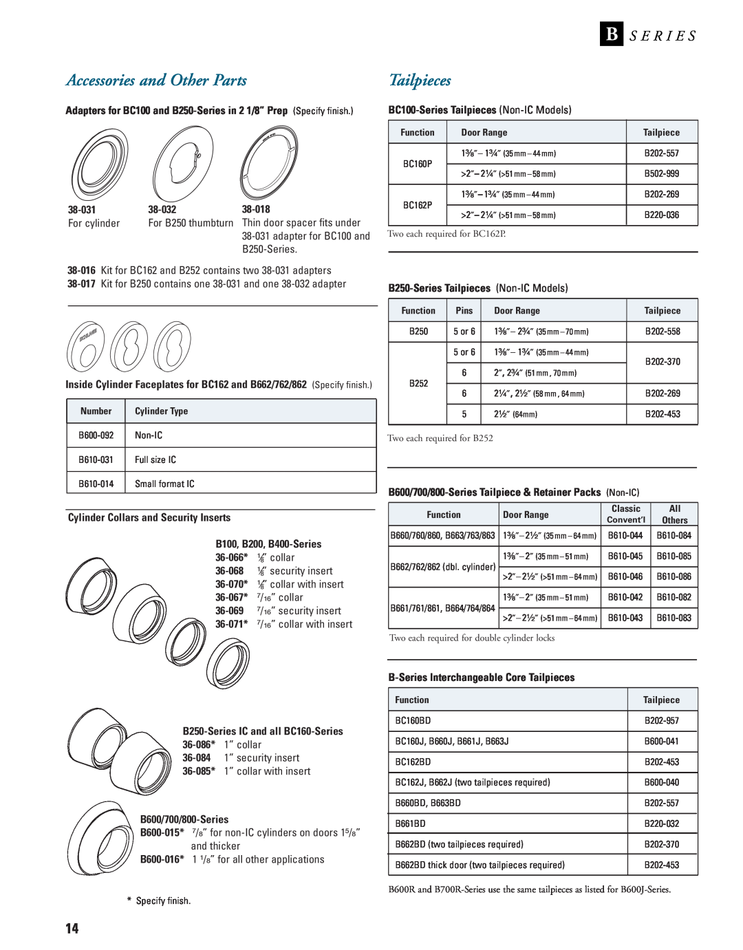 Schlage B-Series manual Accessories and Other Parts, S E R I E S, Tailpieces 