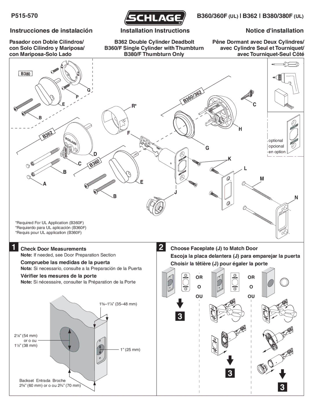 Schlage B360/F, B380/F installation instructions B380 B362, B360/362 