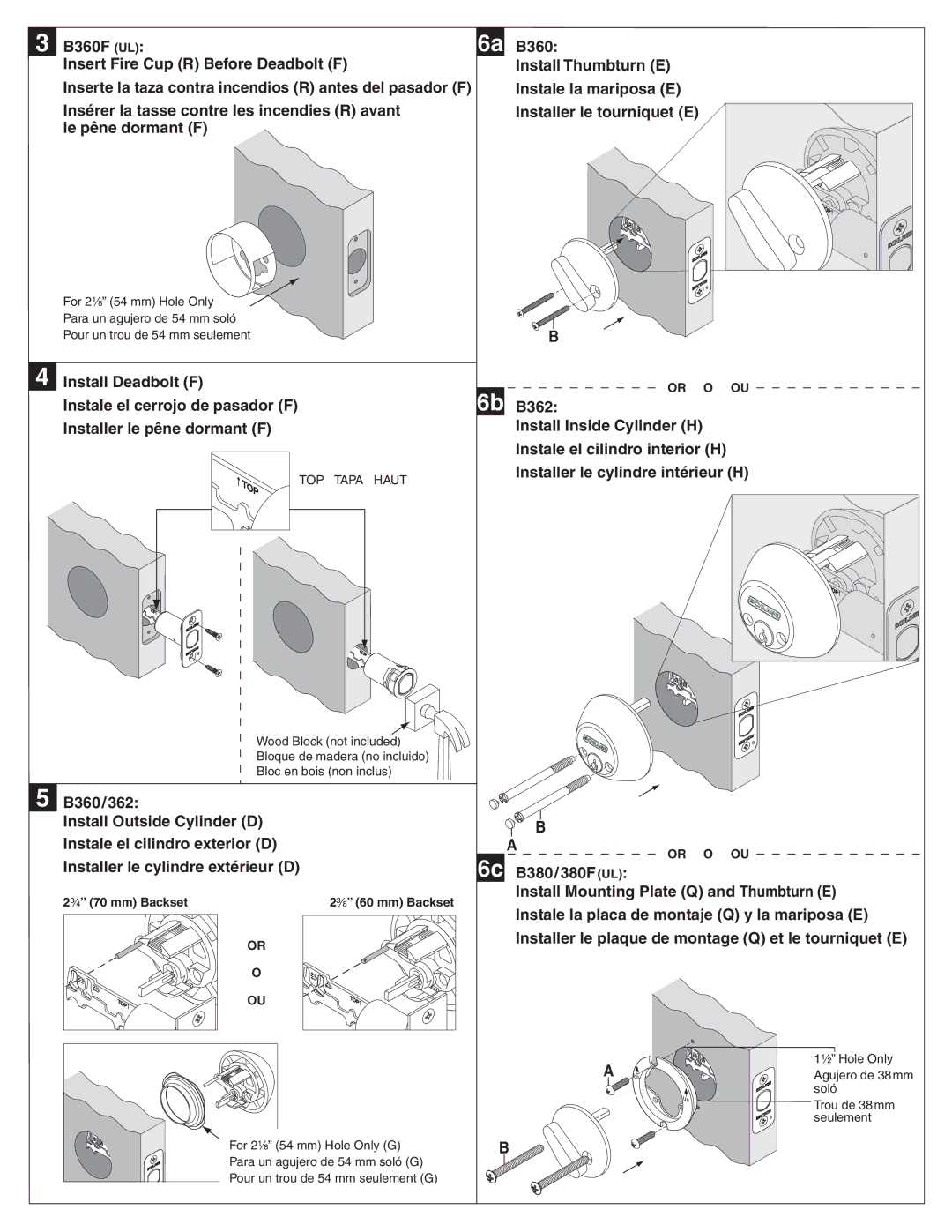 Schlage B362, B380/F, B360/F installation instructions B360F UL Insert Fire Cup R Before Deadbolt F 