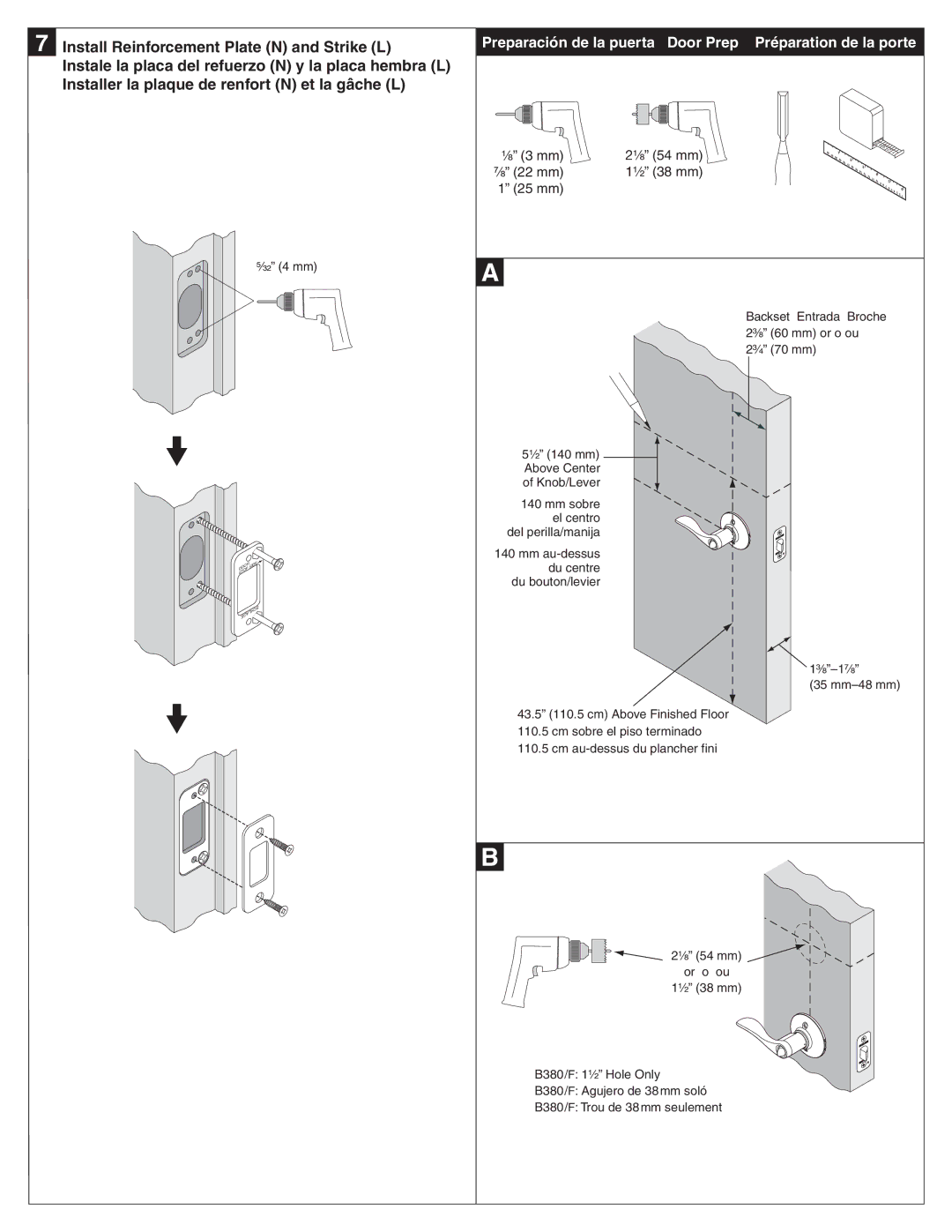 Schlage B380/F, B360/F, B362 installation instructions ⁷⁄₈ 22 mm, 25 mm 