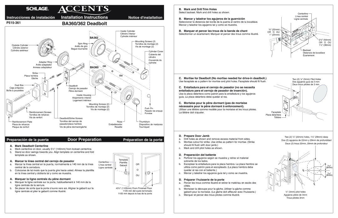 Schlage BA-362 installation instructions Mark and Drill Trim Holes, Marcar y taladrar los agujeros de la guarnición, BA362 