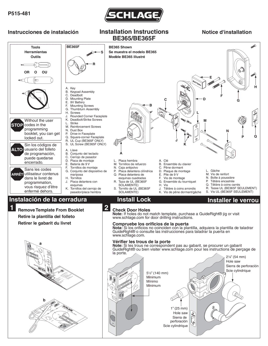 Schlage BE365F installation instructions Instalación de la cerradura, Install Lock 